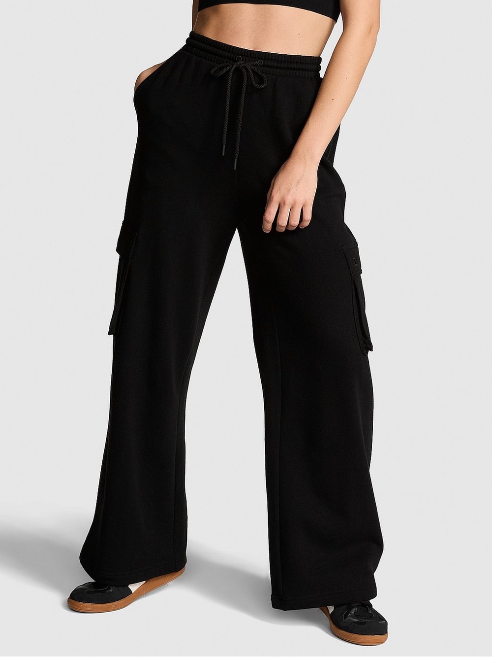 PINK Campus Fleece Wide-Leg Cargo Sweatpants Black Small SHORT NWOT